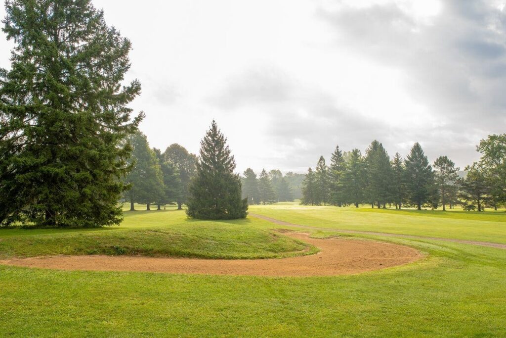 View of bunker and cart path.